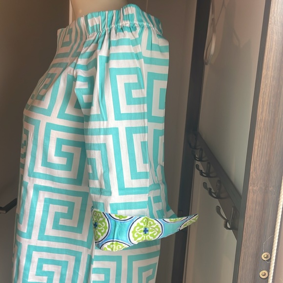Unique Turquoise blue and white Greek key patterned off the shoulder shirt . - Picture 3 of 9
